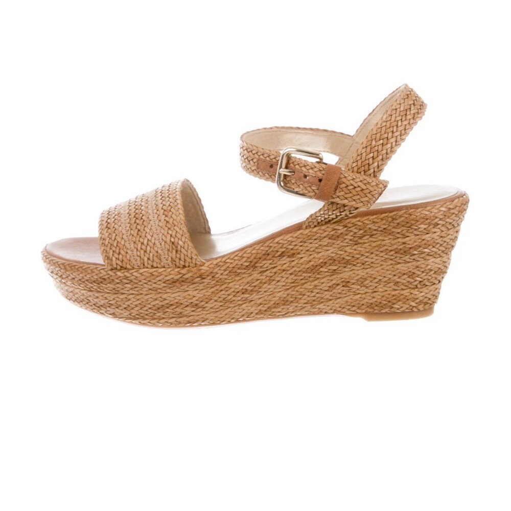 Stuart Weitzman Barbados Wedge Sandals Women’s 8 Tan Woven Platform Ankle Strap
